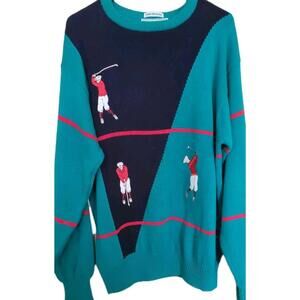 VTG IZOD Hand Intarsia Sweater Multicolor Golf Print Crewneck Pullover Men's Lg